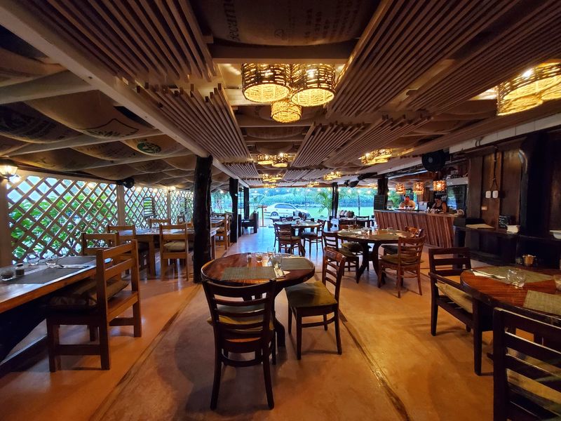 ceiling decoration with recycled coffee bags in Restaurant Gourmet Sol y Vino for sale at Samara, Costa Rica