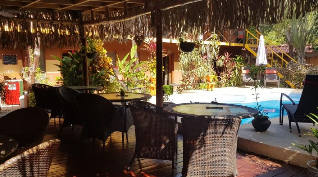 Pool view from breakfast area of Hotel Las Palmas, business for sale at Samara Beach, Costa Rica